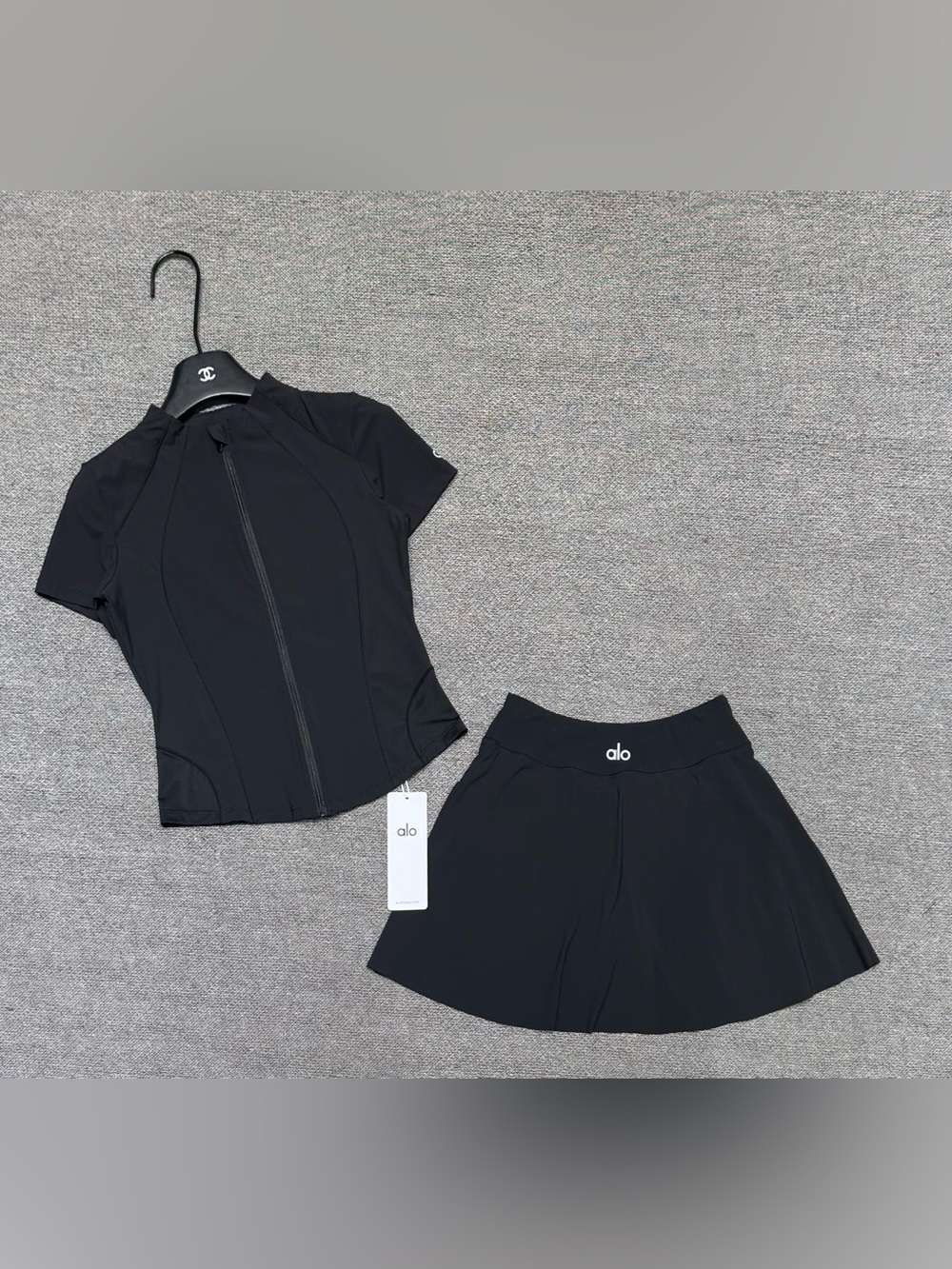 Alo Black Zip-Up Athletic Top + Skort Set
